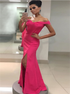 Fuchsia Satin Off Shoulder Long Prom Dresses with Slit LBQ1508